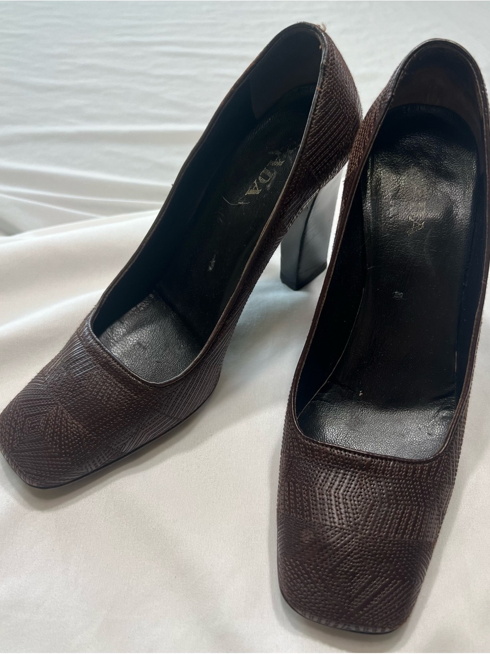 Prada Dark Brown Textured Leather Block Heel Pumps